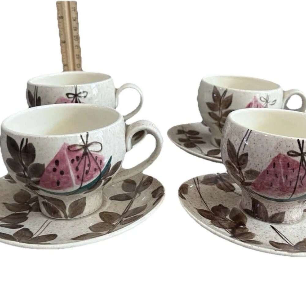 Vintage Red Wing Pottery TAMPICO Handpainted Cup & Saucer - Set of 4